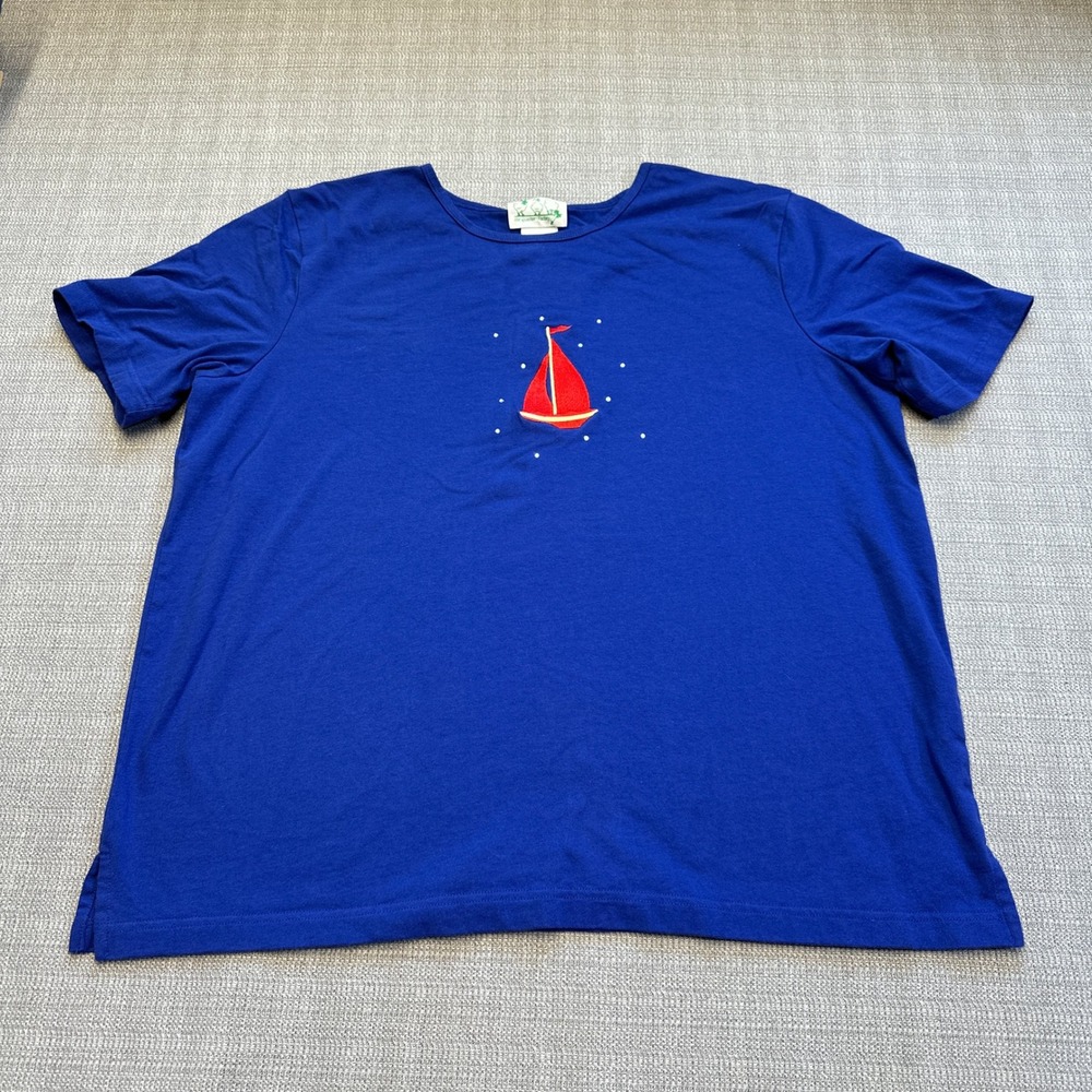 The Quacker Factory‎ Womens Shirt 1X Nautical Sailboat Blue Cotton Top Coastal
